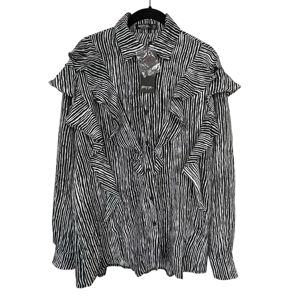 NWT Nasty Gal Ruffle Shirt Size XL Black White Vertical Stripes